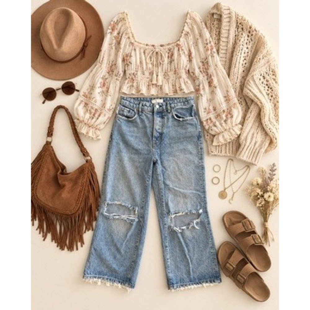 We The Free Free People Distressed Wide Leg Crop Light Blue Denim Jeans Waist 27